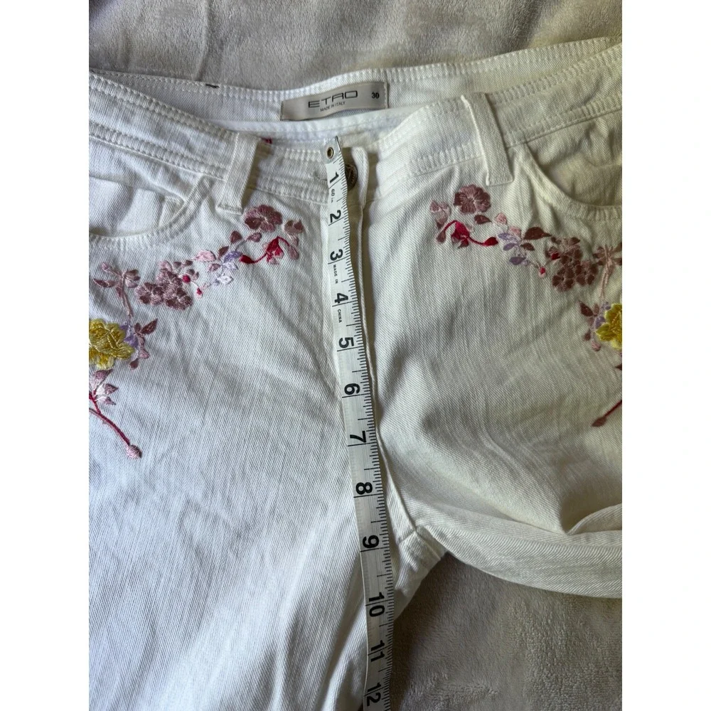 Etro Milano White Floral Embroidered Slim Straight Leg Jeans Made in Italy 30